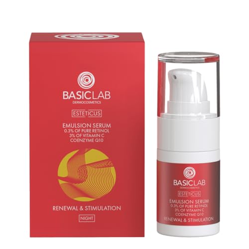 BasicLab Dermocosmetics Emulsion Gesichtsserum mit Retinol, Coenzym Q10 und Vitamin C | 15 ml | Anti-Falten Nachtserum für Frauen von BasicLab Dermocosmetics