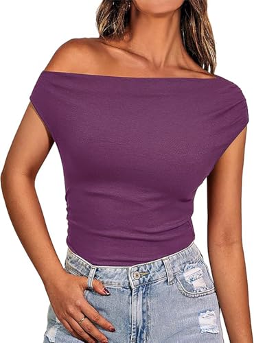 Basicspace Ärmellose Damenweste Trägerlos Asymmetrisch Y2k Skinny Tops Ein Hals Eine Schulter Top Solide Gerippte Violett Weste(XL,Violett) von Basicspace