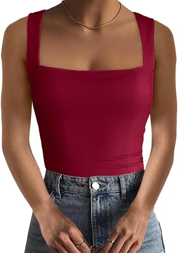 Basicspace Basic Tank Top Damen ärmellos Quadratischer Hals Tops Sommer Tops Quadratischer Hals Tank Top Basic Burgunderrot Camisole(S,Burgunderrot) von Basicspace