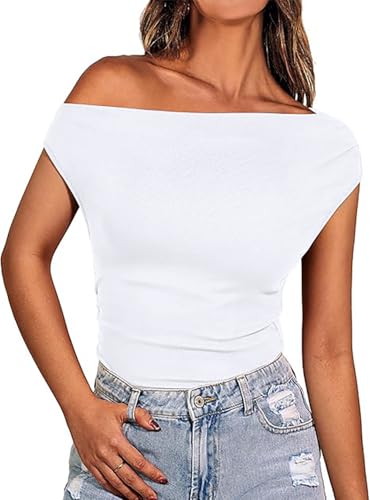 Basicspace Damen Ärmellose Weste Trägerlos Asymmetrisch Y2k Enge Tops Schlank Sexy One Shoulder Tops One Neck Ribbed Weiß Tank Top(L,Weiß) von Basicspace