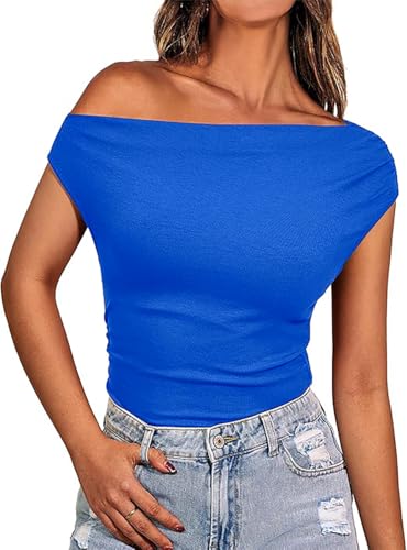 Basicspace Damen Ärmellose Weste Trägerlos Asymmetrisch Y2k Enges Top Elegant Pullover EIN Schulter Top EIN Hals Blau Rippenweste(L,Blau) von Basicspace