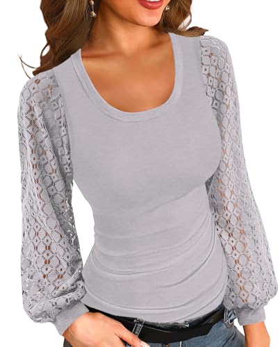 Basicspace Damen Basic Abschnitt Gerippte Spitze Langarm-Shirt Herbst und Winter Warme Enge T-Shirt Einfach und Bequem Einzigartiges Design Grau Tops(XL,Grau) von Basicspace