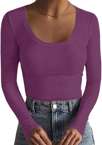 Basicspace Damen Basic Geripptes Top Weiches Stretch-T-Shirt Lässiges Hautfreundliches Bequemes Langarm-Shirt U-Ausschnitt Elegantes Violett Top（Violett，S von Basicspace