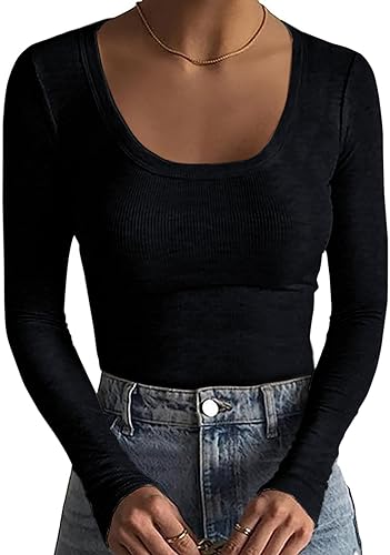 Basicspace Damen Basic Tops Casual Monochrome Tops Stretch T-Shirt Geripptes T-Shirt Mode Langarm T-Shirt Leichtes Schwarz Langarm-Shirt(Schwarz,XXL Basicspace Damen Basic Tops Casual Monochrome Tops Stretch T-Shirt Geripptes T-Shirt Mode Langarm T-Shirt Leichtes Schwarz Langarm-Shirt(Schwarz,XXL von Basicspace