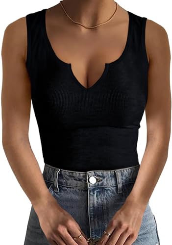 Basicspace Damen Casual Tank Top Ärmellos V Ausschnitt Dehnbar Weich Schlank Frühling Sommer Sexy Pullover Schwarz Top(L,Schwarz) von Basicspace