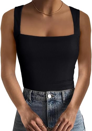 Basicspace Damen Casual Vest Style Solide Farbe Ärmellos Quadratischer Ausschnitt Sommer Tops Basic Schwarz Camisoles(XL,Schwarz) von Basicspace