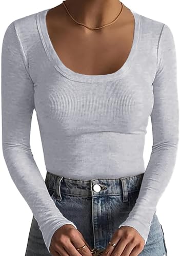 Basicspace Damen Dehnbar Atmungsaktiv T Shirt Rundhalsausschnitt Gerippt Top Lässig Leicht Einfarbig Basic Top Hundert Mode Grau Langarm-Shirt(Grau,XXL) von Basicspace