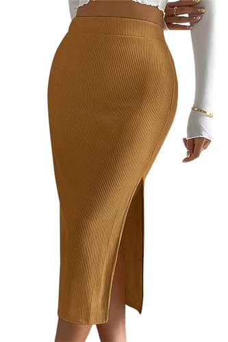 Basicspace Damen Elastisch Hohe Taille Lässig Rippe Stricken Midi Bodycon Rock Split Saum Mitte Länge Bleistift Braun Röcke(S,Braun) von Basicspace
