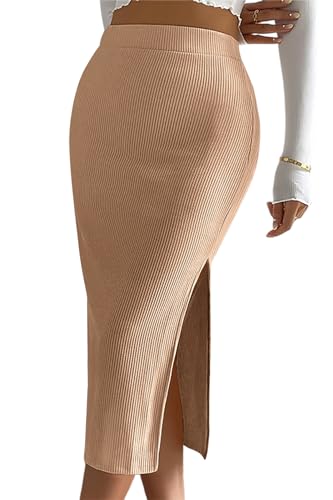 Basicspace Damen Elastisch Hohe Taille Lässig Rippe Stricken Midi Bodycon Rock Split Saum Mitte Länge Bleistift FAW Röcke(L,FAW) von Basicspace