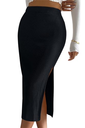 Basicspace Damen Elastisch Hohe Taille Lässig Rippe Stricken Midi Bodycon Rock Split Saum Mitte Länge Bleistift Schwarz Röcke(XXL,Schwarz) von Basicspace
