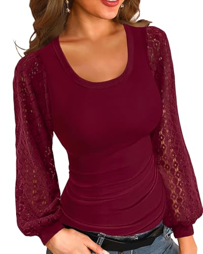 Basicspace Damen Grundmodelle Lässig Solide Farbe Spitze Langarm-Shirt Eng Sexy Elegant T Shirt Dehnbar Herbst und Winter Rot Tops(XXL,Rot) von Basicspace