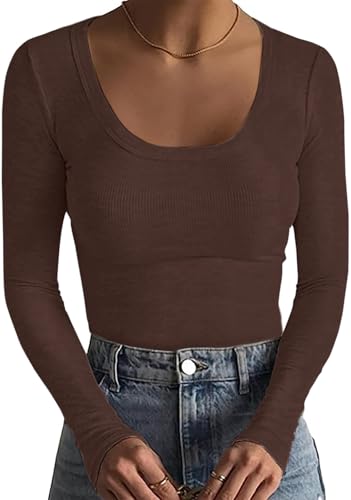 Basicspace Damen Herbst und Winter Basic Langarm-Shirt Rundhalsausschnitt Atmungsaktiv Stretchy Top Warm Slim Sexy Body Skin Friendly T Shirt (Caramel,S) von Basicspace