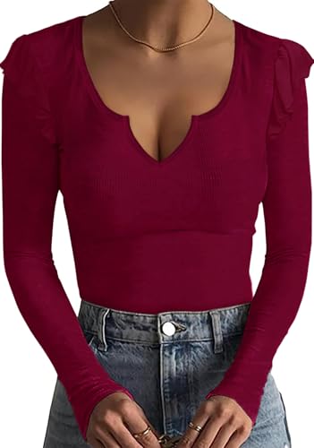 Basicspace Damen Herbst und Winter Huhn Herz V-Ausschnitt Lässig Vielseitig Langärmelige Tops Atmungsaktiv Stretch Gerippt Rot T Shirt(XXL,Rot) von Basicspace