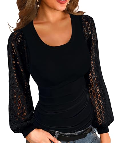 Basicspace Damen Herbst und Winter Solide Farbe Tops Vielseitige Mode T-Shirt Elegant Gerippt Hautfreundlich Spitze Schwarz Langärmeliges Shirt(M,Schwarz) von Basicspace