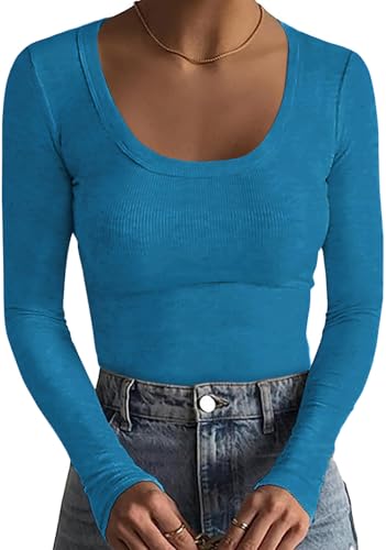 Basicspace Damen Herbst und Winter Solide Farbe Vielseitig T Shirt Leichtes Schlankes Rundhalsausschnitt Top Basic Bequeme Passform Hautfreundlich Warmes Langarm-Shirt (See Blau,XL) von Basicspace