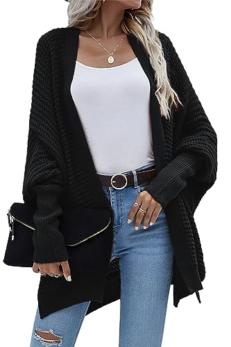 Basicspace Damen Langärmliger Weicher Waffelstrickpullover Offene Vorderseite Schwarze Strickjacke für Frauen Outwear-Mantel(S,Schwarz) von Basicspace