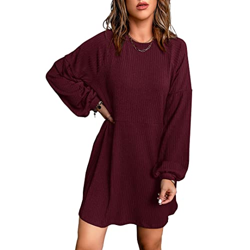 Basicspace Damen Langärmliges Kleid mit Taschen Puffärmel Glockenärmel Weinrotes Kleid Runder Kragen(S,Weinrot) von Basicspace