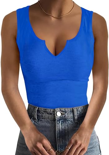 Basicspace Damen Mode Tank Top V-Ausschnitt Ärmellos Atmungsaktiv Weich Schlank Sexy Sommer Kleidung Blau Tops（M，Blau） von Basicspace