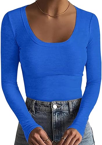 Basicspace Damen Modisches Langärmeliges Casual Einfarbig Top Elastisches Gerippt Top Basic TopT-Shirt Einfarbig Leichtes Langärmeliges Blau T-Shirt(Blau,XXL) von Basicspace