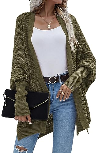 Basicspace Damen Offene Front Strickjacke Damen Lang Waffel Lässig leicht Lose Fledermaus Langarm übergröße Knit Cardigan Weiche Oberbekleidung(XL,Armeegrün) von Basicspace