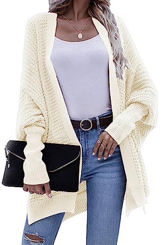 Basicspace Damen Offene Front Strickjacke Damen Lang Waffel Lässig leicht Lose Fledermaus Langarm übergröße Knit Cardigan Weiche Oberbekleidung(XL,Weiß) von Basicspace