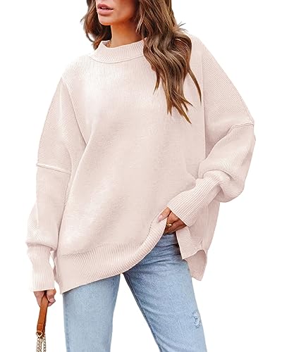 Basicspace Damen Pullover Casual Oversized Rundhals Fledermaus Langarm Strickpullover Locker Warme Herbst Winter Rippstrick Aprikose Sweater Tops(S,Aprikose) von Basicspace