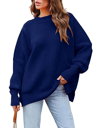 Basicspace Damen Pullover Casual Oversized Rundhals Fledermaus Langarm Strickpullover Locker Warme Herbst Winter Rippstrick Blau Sweater Tops(S,Marineblau) von Basicspace