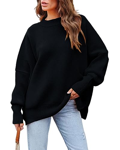 Basicspace Damen Pullover Casual Oversized Rundhals Fledermaus Langarm Strickpullover Locker Warme Herbst Winter Rippstrick Schwarz Sweater Tops(M,helles Schwarz) von Basicspace