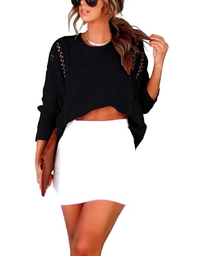 Basicspace Damen Pullover Lässig Rundhals Langarm Lose Übergröße Strickpullover Kabelstrick Warme Herbst Winter Elegante Schwarz Sweater Oberteile(XL,Tiefschwarz) von Basicspace