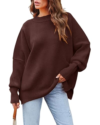 Basicspace Damen Pullover Lässig Übergroß Rundhals Fledermaus Langarm Strickpullover Lose Warme Herbst Winter Rippstrick Braun Sweater Oberteile(L,Braun) von Basicspace