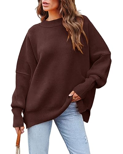 Basicspace Damen Pullover Lässig Übergroß Rundhals Fledermaus Langarm Strickpullover Lose Warme Herbst Winter Rippstrick Braun Sweater Oberteile(XL,Braun) von Basicspace