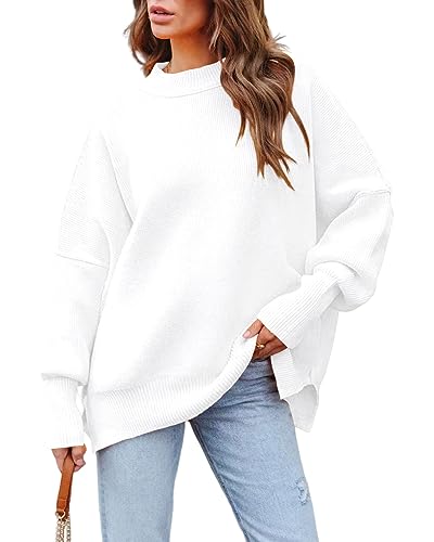 Basicspace Damen Pullover Lässig Übergroß Rundhals Fledermaus Langarm Strickpullover Lose Warme Herbst Winter Rippstrick Weiß Sweater Oberteile(XL,HellesWeiß) von Basicspace