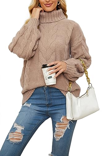 Basicspace Damen Pullover Winter Herbst Freizeit Rollkragen Stehkragen Langarm Zopfmuster Grobstrick Pullover Oberbekleidung Khaki(L,Khaki) von Basicspace