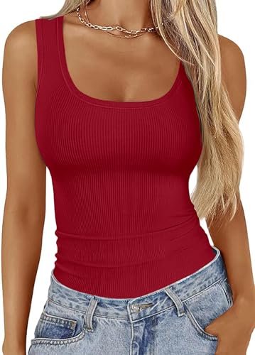 Basicspace Damen Rundhalsausschnitt Einfarbig Weste Frühling und Sommer Einfache Oberteile Vielseitig Lässig Rot Westen(XXL,Rot) von Basicspace