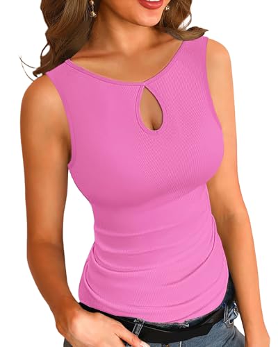 Basicspace Damen Rundhalsausschnitt Perforiertes Design Tops Elegantes Shirt ärmellose Weste Sommer Basic Tops Slim Fit Gerippte Rosa Tank Tops(M,Rosa) von Basicspace