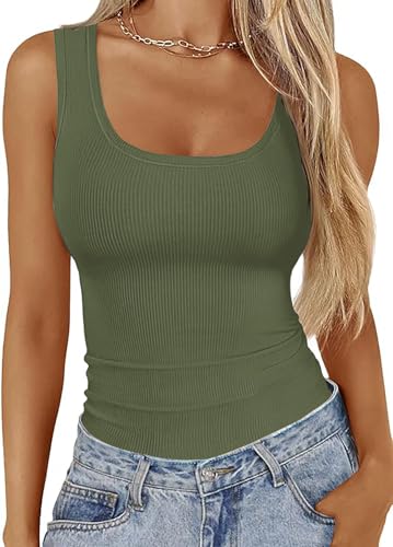 Basicspace Damen Rundhalsausschnitt Sportliche Weste Frühling Sommer Festes Top Ärmellos Bequemes Armeegrün Tanktop(S,Armeegrün) von Basicspace