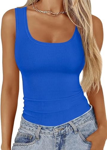 Basicspace Damen Rundhalsausschnitt Sportliche Weste Frühling Sommer Festes Top Ärmellos Bequemes Blau Tanktop(M,Blau) von Basicspace