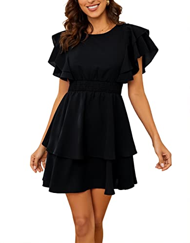 Basicspace Damen Sommer Chiffon Kurzarm Schwarz Swing A Line Übergröße Mini Kleid mit Elastischer Taille(XXL,Schwarz) von Basicspace