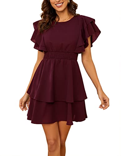 Basicspace Damen Sommer Swing Flowy Tunika Kleider Schmetterling Ärmel Ruffle Weinrot Kurzes Kleid(L,Weinrot) von Basicspace