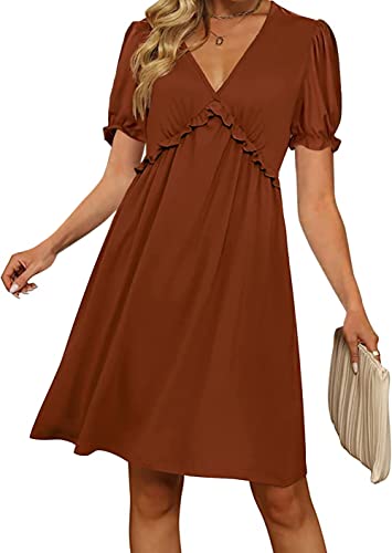 Basicspace Damen Sommerkleider V-Ausschnitt Kurzarm Tunika Rüsche Lässig Lose Flowy Swing A Line Kleid(XL,Braun) von Basicspace