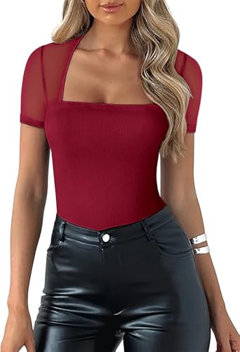 Basicspace Damen Spitze Rundhalsausschnitt Gerippte Tops Sommer Basic Einfarbig T-Shirt Burgunderrot Tops(Burgunderrot,XL) von Basicspace