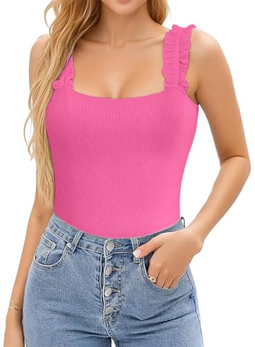 Basicspace Damen-Spitzen-Camisol Lässiges Festes ärmelloses Oberteil Niedliches Geripptes Rosa Damen-Oberteil(S,Rosa) von Basicspace
