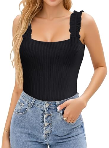 Basicspace Damen-Spitzen-Camisol-Top Y2K Solide Basic Out Top Ärmellos Niedliches Damen-Rippen-Schwarz Top(M,Schwarz) von Basicspace