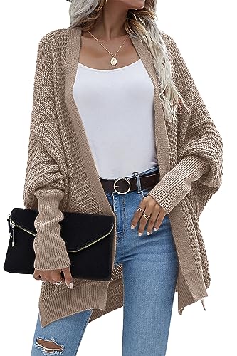Basicspace Damen Strickjacke mit Langen Fledermausärmeln Vorne Offen Lässig Grob Gestrickt Niedlich Strickjacke Outwear(L,Khaki) von Basicspace