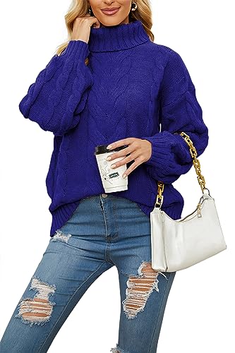 Basicspace Damen Winter Herbst Casual Rollkragen Stehkragen Langarm Zopfmuster Grobstrick Pullover Oberbekleidung Dunkelblau(L,Dunkelblau) von Basicspace