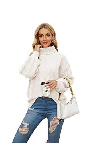 Basicspace Damen Winter Herbst Freizeit Rollkragen Stehkragen Langarm Zopfmuster Grobstrick Pullover Oberbekleidung Cremeweiß(L,Weiß) von Basicspace