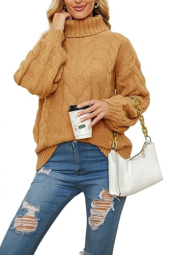 Basicspace Damen Winter Herbst Niedlich Warm Grobstrick Rollkragen Stehkragen Ballon Langarm Zopfmuster Pullover Gelb(L,Gelb) von Basicspace