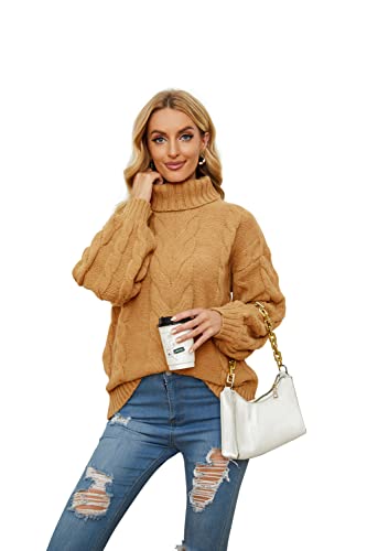 Basicspace Damen Winter Herbst Niedlich Warm Übergroß Klobig Rollkragen Hochgeschlossen Ballon Langarm Zopfmuster Pullover Gelb(XXL,Gelb) von Basicspace