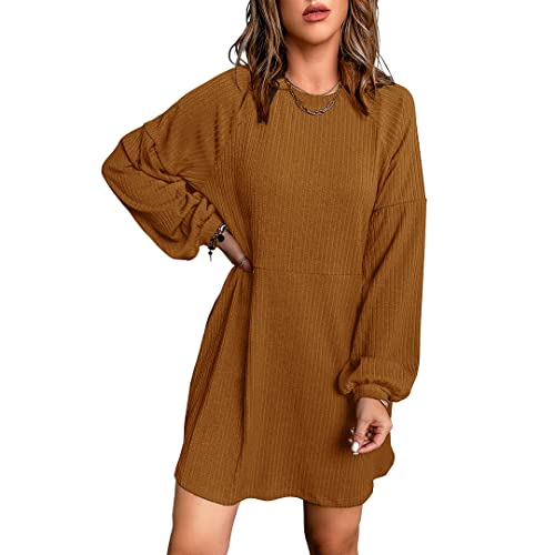 Basicspace Damenkleid Lässiges Strickkleid mit Langen Ärmeln und Taschen Puffärmeln Glockenärmeln Midikleid einfarbig(XL,braun) von Basicspace