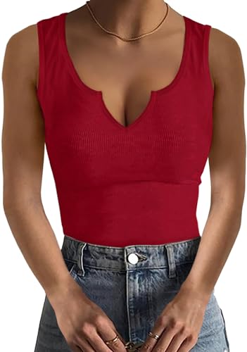 Basicspace Frühling Sommer Damen Shirt Sexy Casual Slim V Neck Vest Fashion Simple Sleeveless Basic Rot T Shirt (XL,Rot) von Basicspace